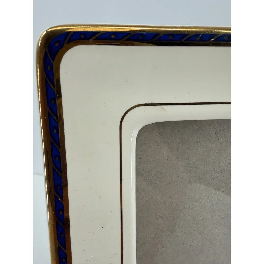 Ceramic Picture Frame 5x7 Ivory Blue Gold Trim Elegant Traditional Tabletop